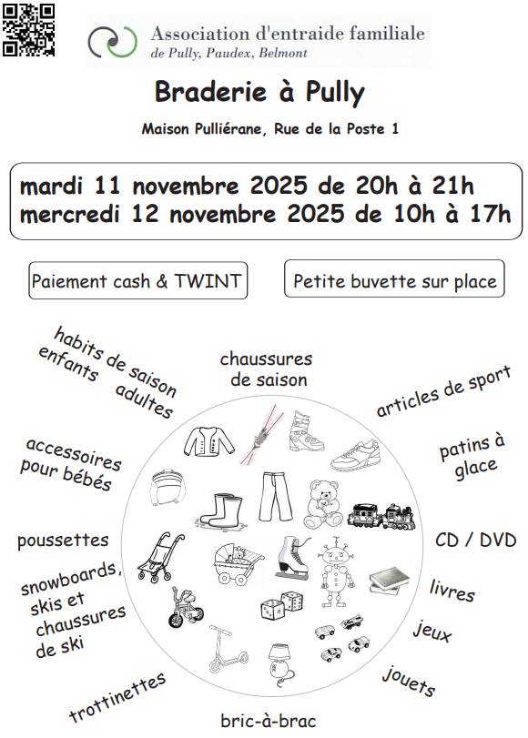 Braderie à Pully, maison Pulliérane, Rue de la Poste 1, mardi 11 novembre 2025 de 20h à 21h, mercredi 12 novembre 2025 de 10h à 17h.