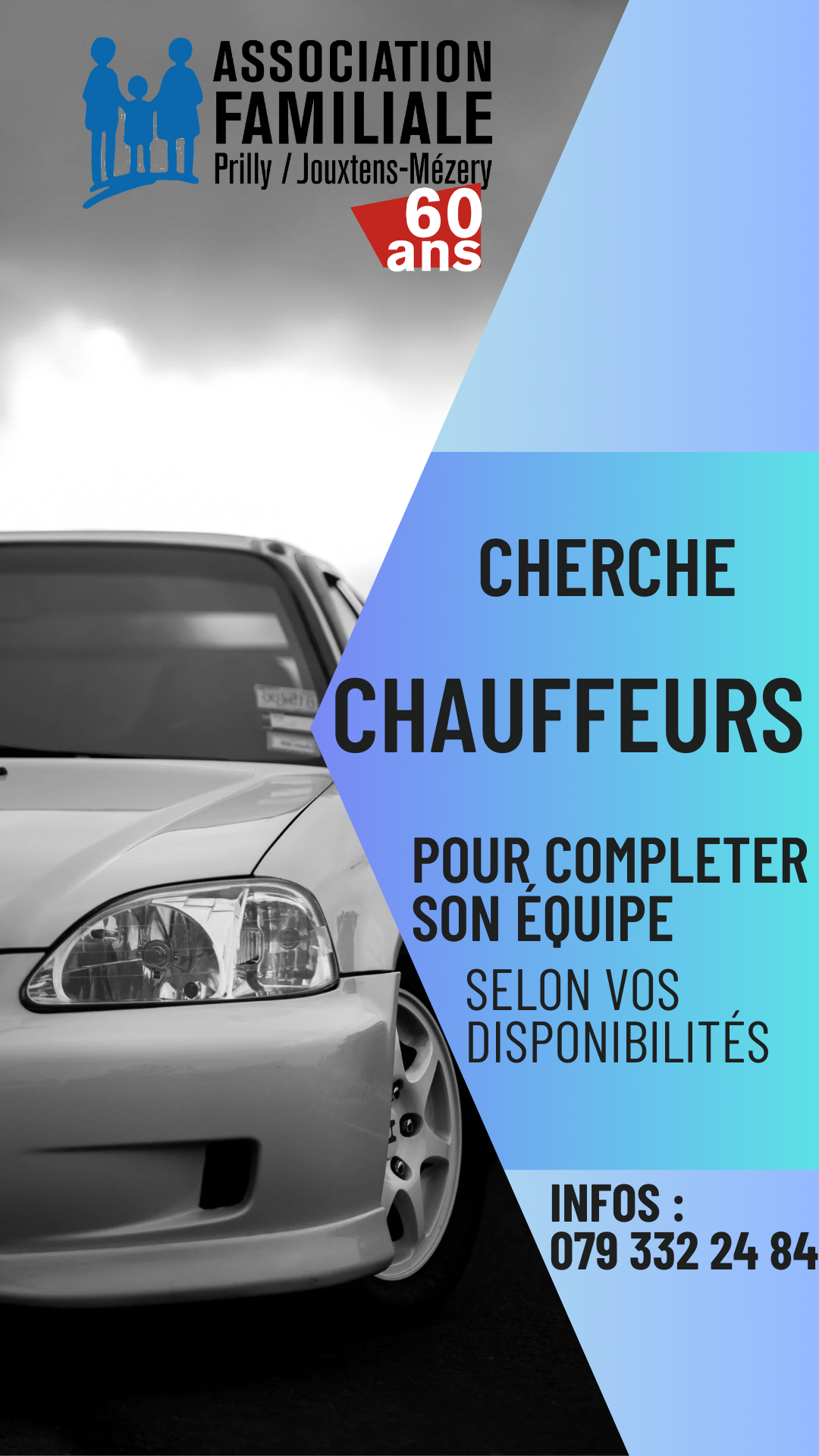 L’Association familiale de Prilly et Jouxtens-Mézery recherche des chauffeurs pour compléter son équipe de bénévoles. Si vous disposez d’un peu de temps dans la semaine, vous aimez le contact et avez envie de vous rendre utile auprès de personnes ayant besoin d’être véhiculées, devenez chauffeur ! Vous nous indiquez vos disponibilités, vous utilisez votre propre véhicule et vous serez indemnisé. Plus d’informations ou intéressé ? Appelez Monsieur Aprile au 079 332 24 84 ou le secrétariat au 021 624 70 47(jeudi) ou encore par email à afp.secretariat@bluewin.ch