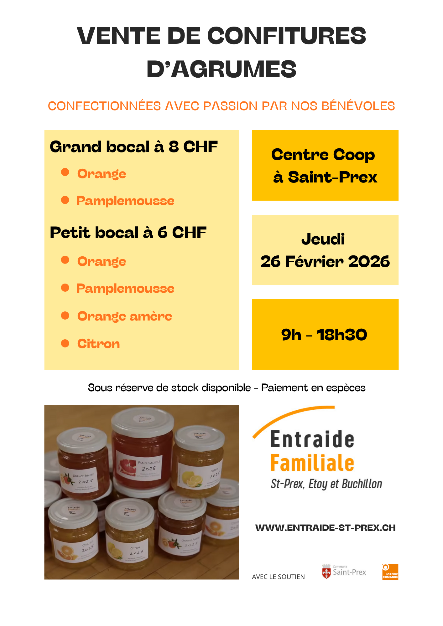 Vente de confitures d'agrumes - jeudi 26 février - 9h à 18h30 - coop à Saint-Prex